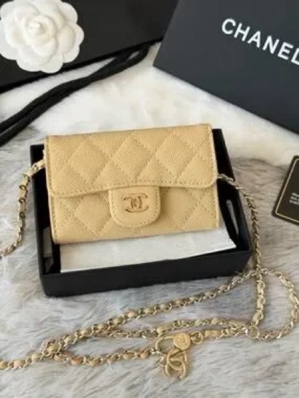 CHANEL Gold Quilted Caviar Leather Chain Crossbody Wallet